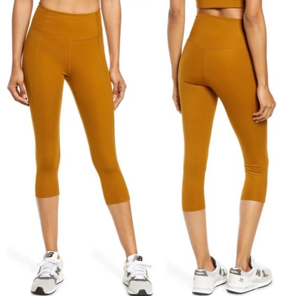 Girlfriend Collective Saddle Mustard Yellow High Waist Capri Leggings - Picture 1 of 5